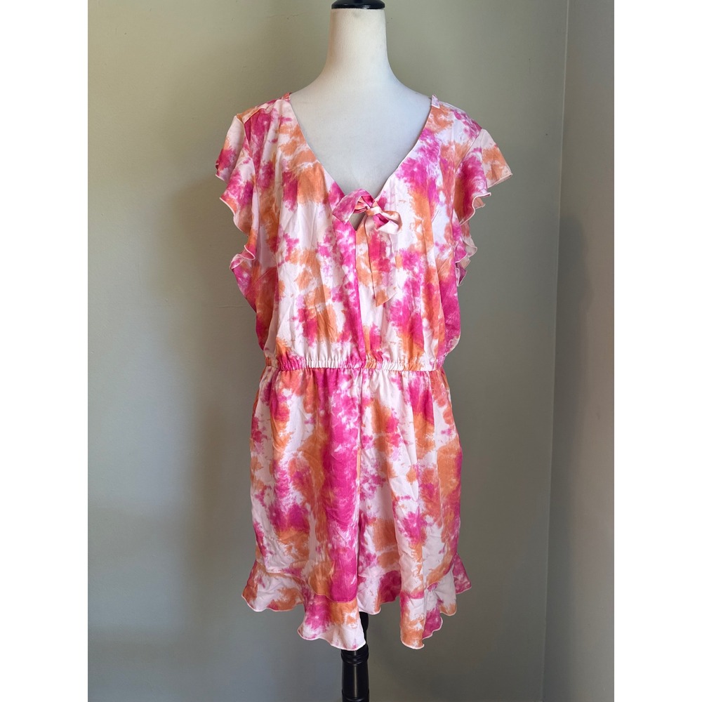Pink Orange Tie Dye Romper Ruffle boho resort beach tie dye retro y2k cute p New